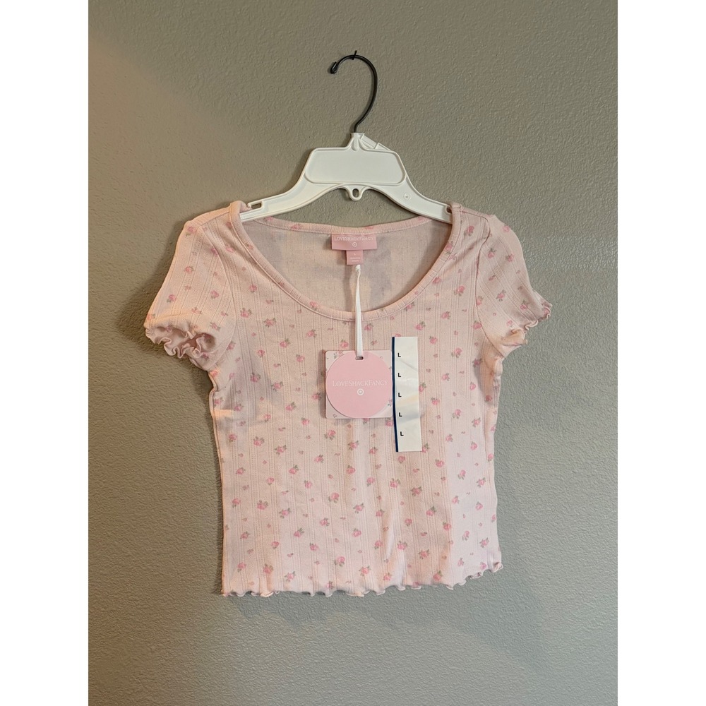 LoveShackFancy Target Girls Pink Floral Ribbed Lettuce Edge Top Size L Large